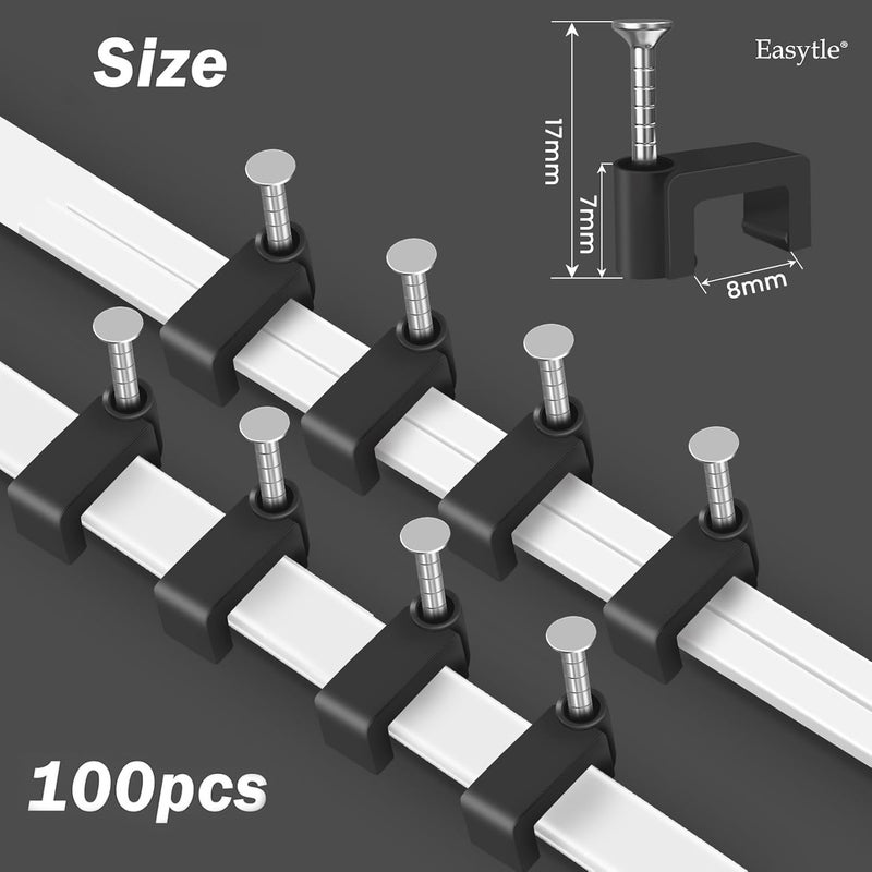 Easytle Black Cable Clips Nail in Cable Clip 100 Pcs 8mm Flat Black Ethernet Cable Wall Clips Cable Tacks Coax Clips Speaker Wire Clips Cable Nails for Cords Cat5/Cat5e/Cat6/Cat7 RJ45 Cord Clips - Image 2